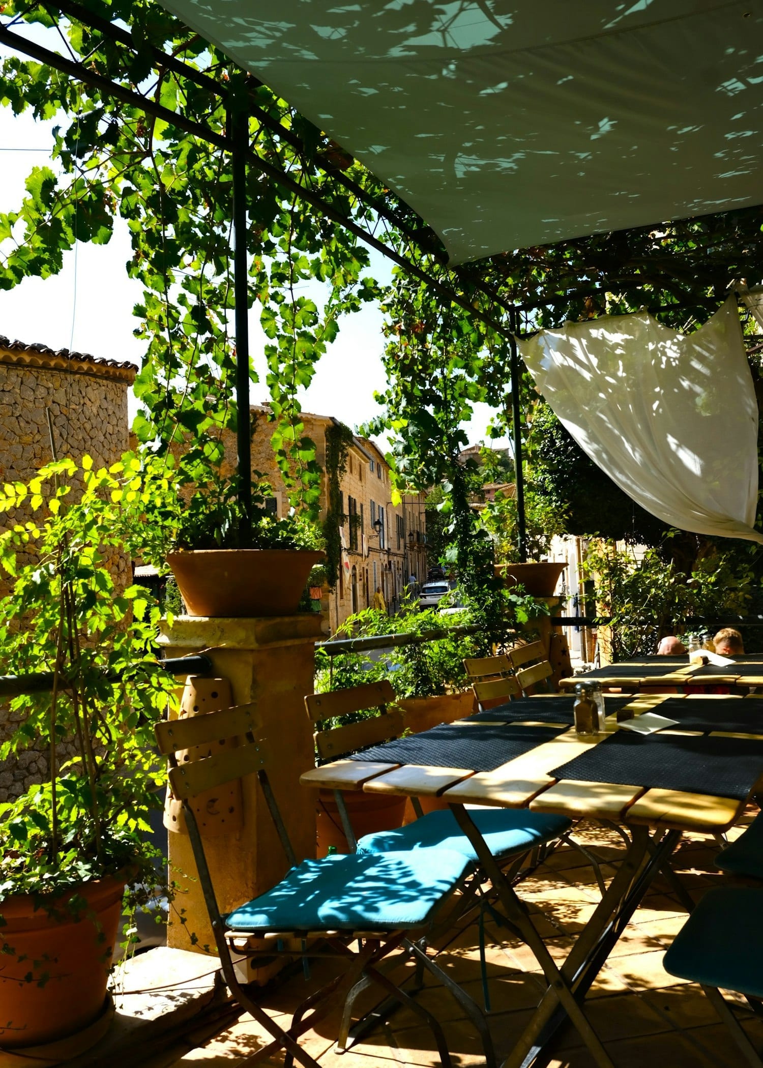 A vine-shaded stone terrace with tables set for the evening