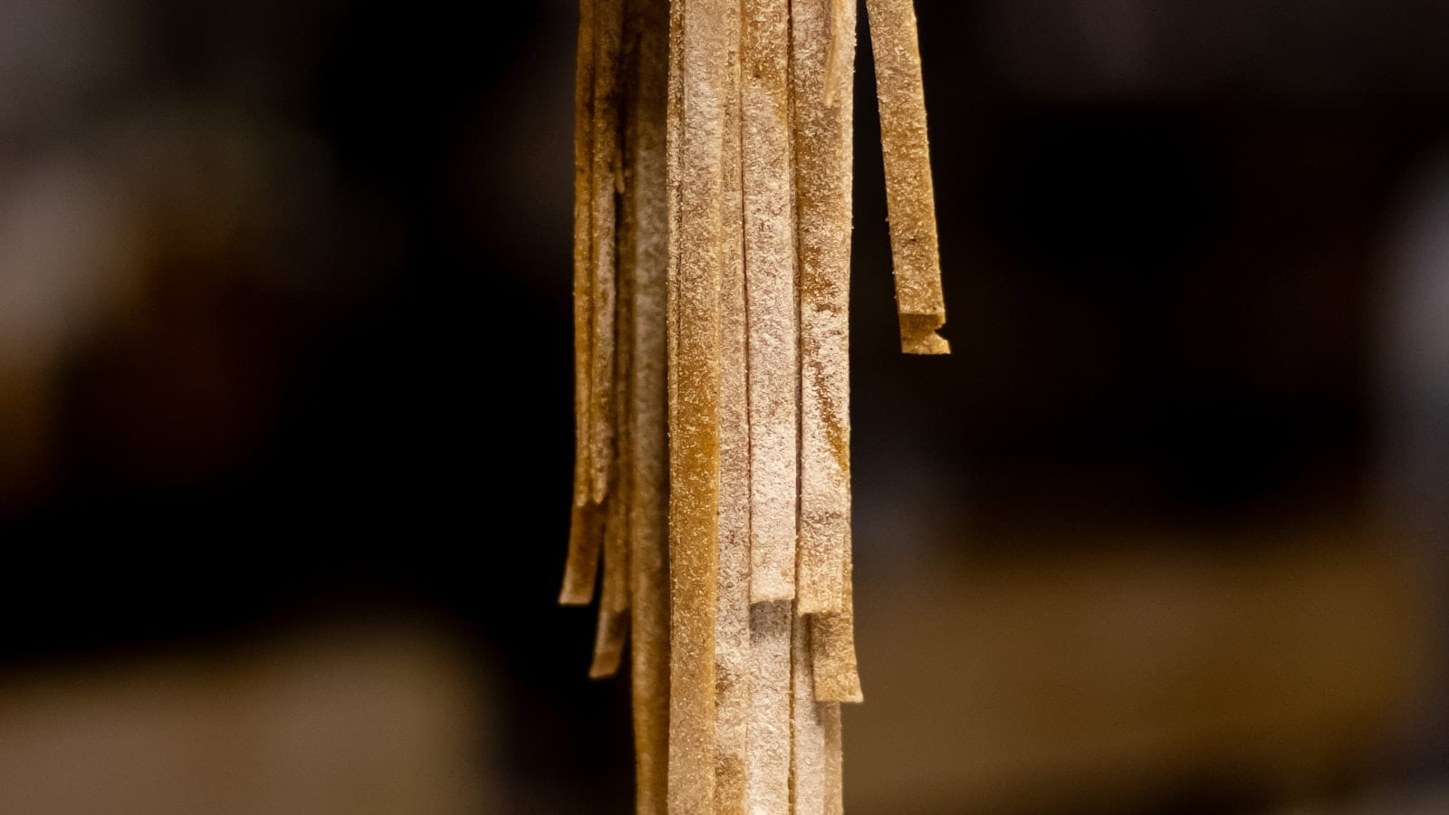 Ribbons of pasta hung to dry in a dim kitchen