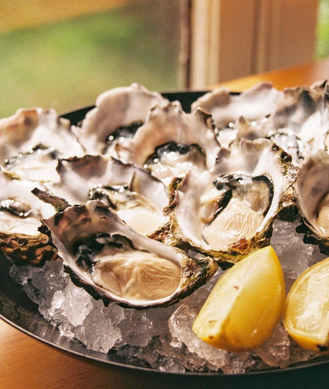 Opened oysters on ice with wedges of lemon